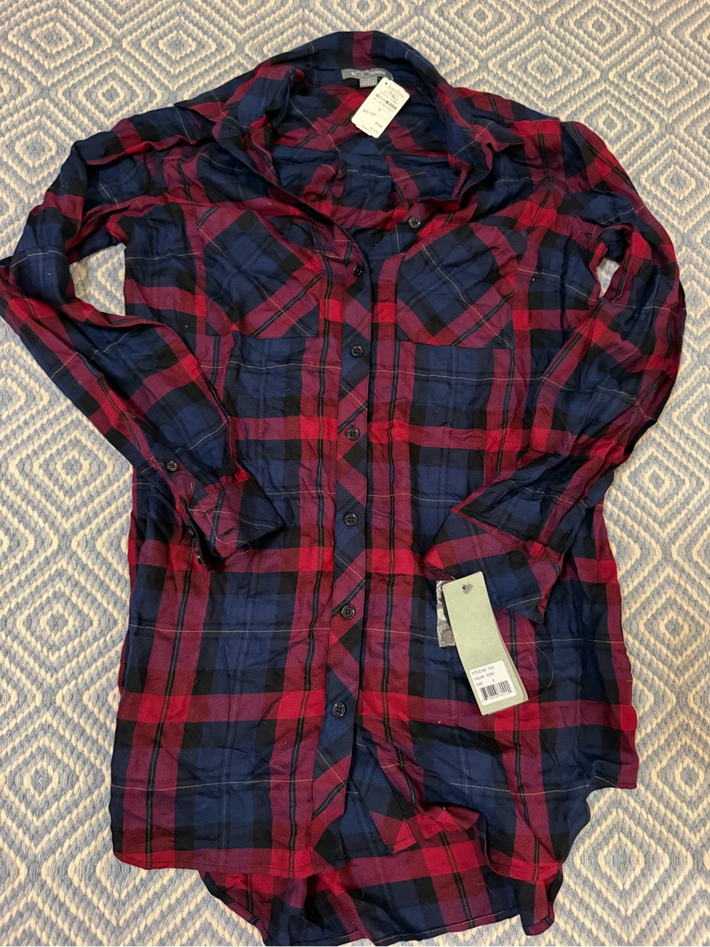 Go Silk (Neiman Marcus) Plaid Button-Front Tunic in Red and Navy